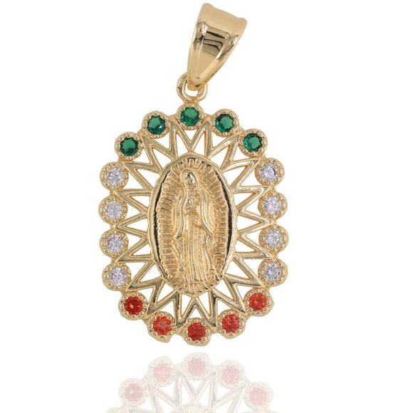 14K Virgen de Guadalupe Pendant Cubic Zirconia Figaro or Rope Chain 20"4mm - Picture 2 of 6